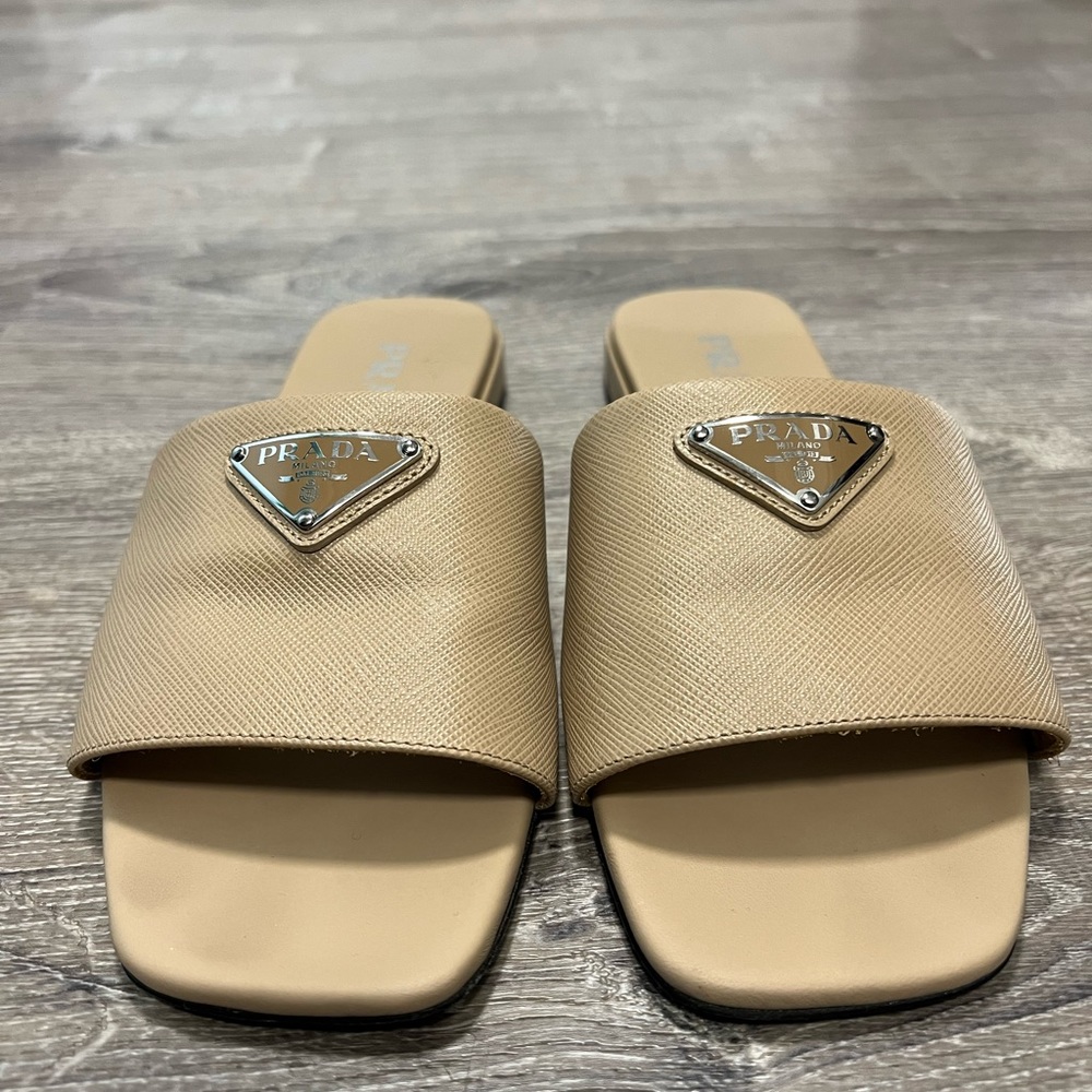 Prada Calfskin Logo Flat Slide Sandals